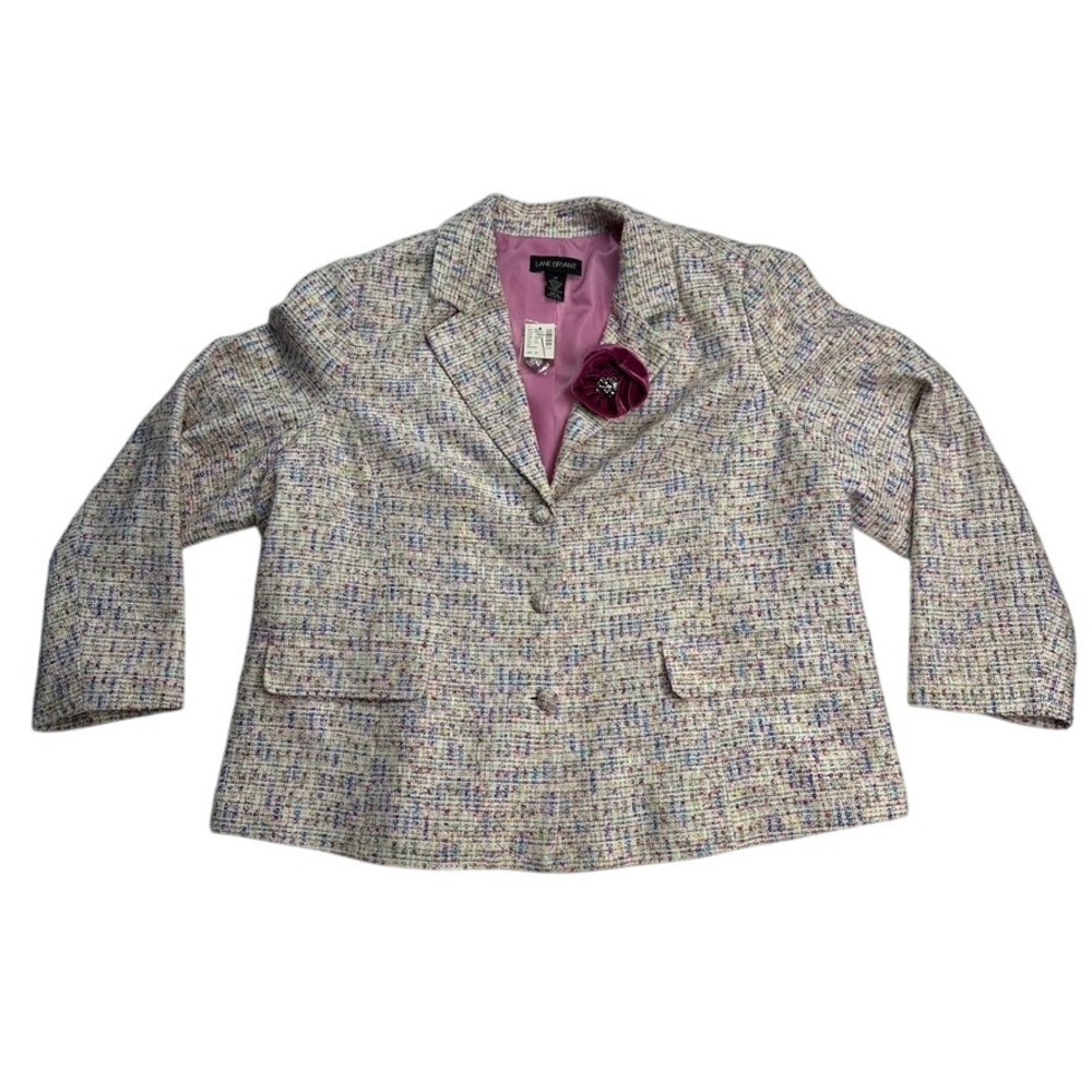 Lane Bryant Women's Tweed Blazer Jacket Pink Purple Size 28 Floral Brooch New‎